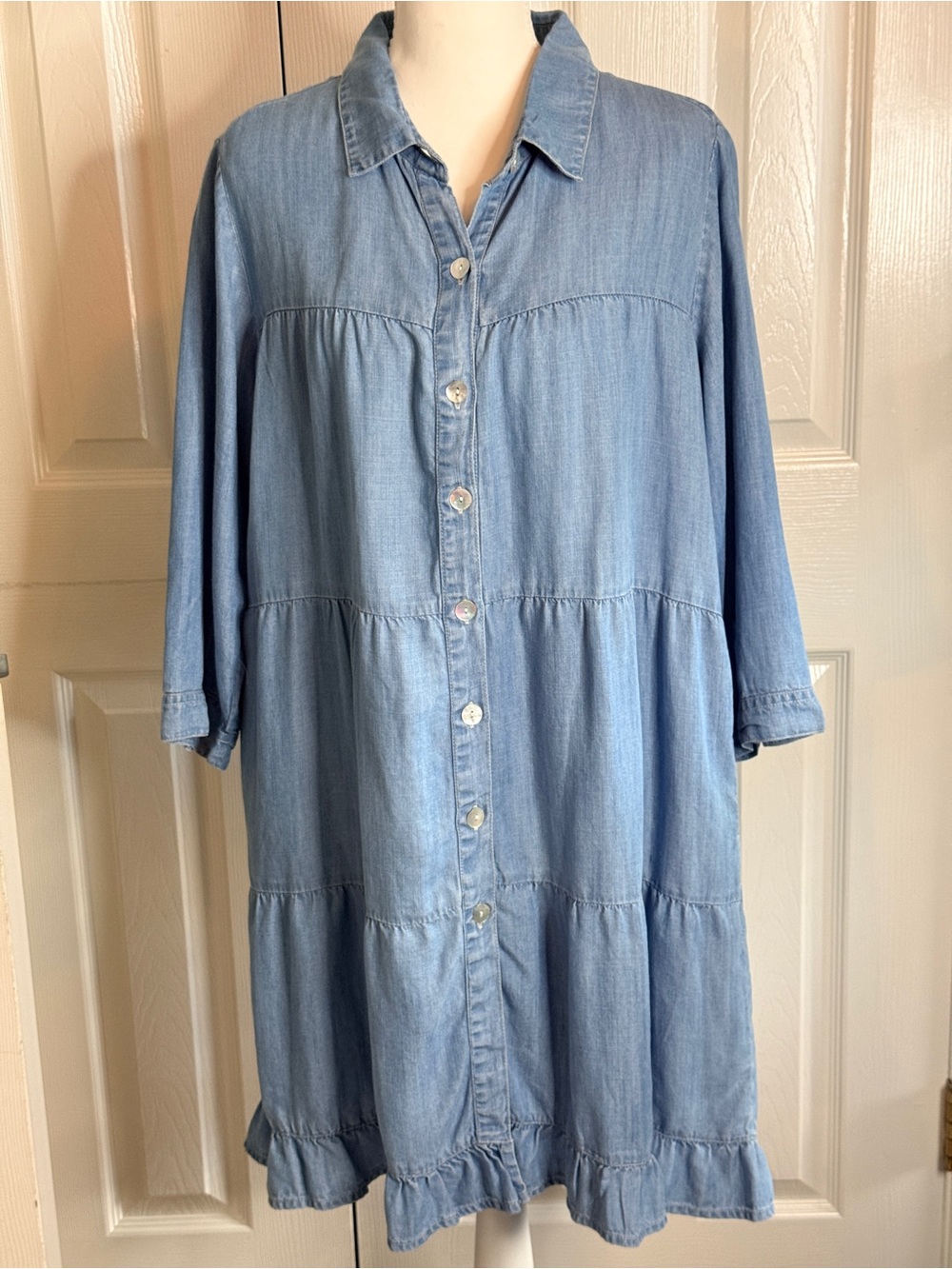 Toofan 100% Tencel Lyocell Tiered Chambray Babydoll Shirtdress S